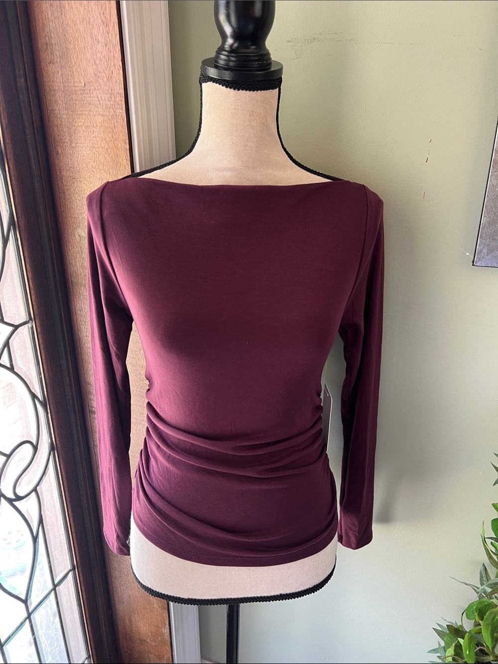 gaze Boatneck Long-Sleeve Top in Deep Wine
